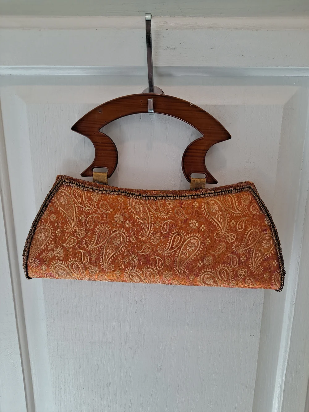 Vintage Beaded Silk Like Orange Evening Clutch Art Deco Wooden Handle Boho Bag